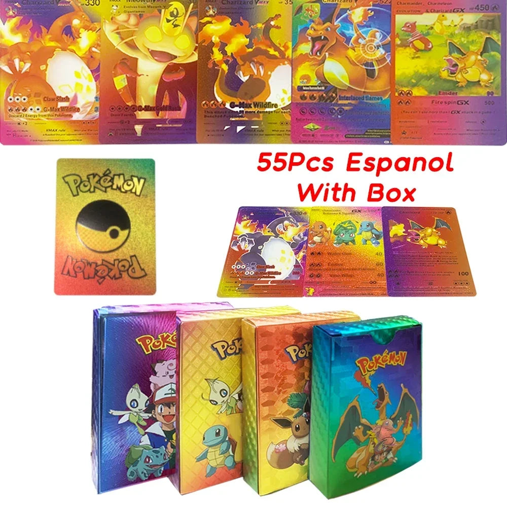 55Pcs Pokemon Colorful Rainbow Gold Silver Black English Cards Anime Pikachu Charizard Battle Game Collection Card Kids Toy Gift