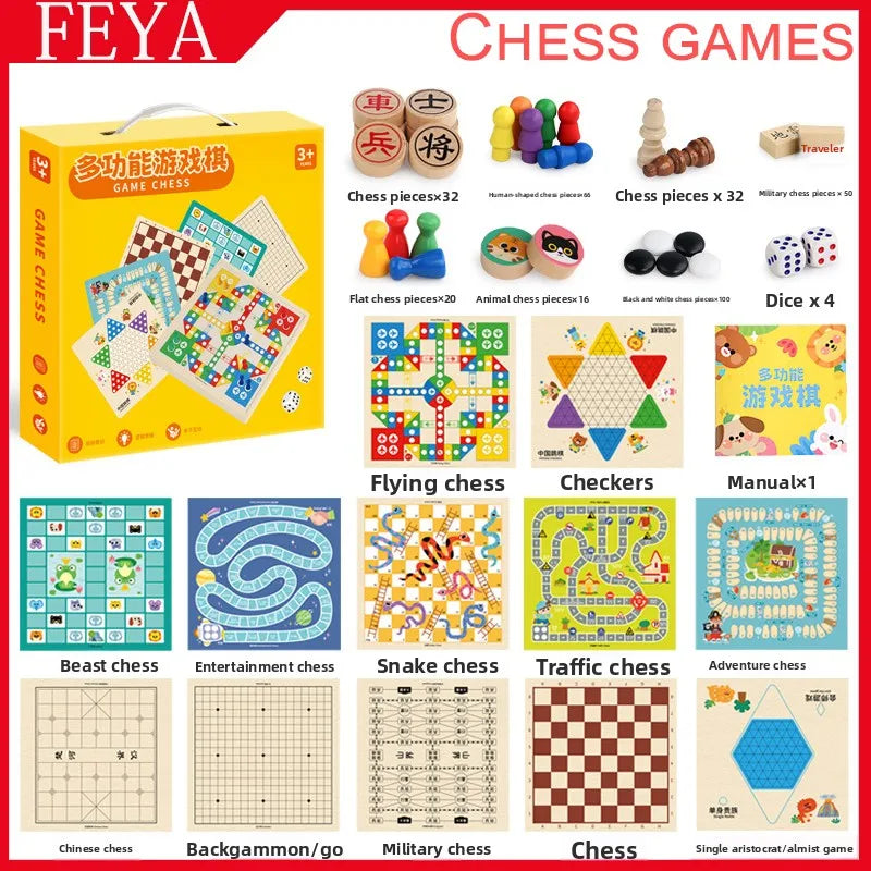 Wooden Multifunctional Board Game Chess, Flying Chess Adult Interactive Board Game Children's Puzzle Toys and Gifts