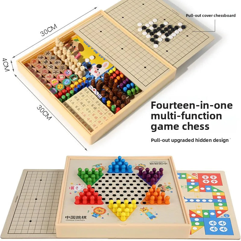 Wooden Multifunctional Board Game Chess, Flying Chess Adult Interactive Board Game Children's Puzzle Toys and Gifts
