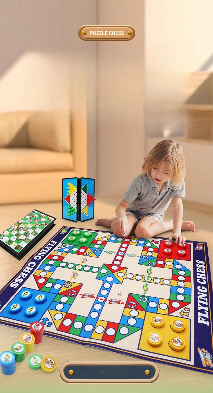 Magnetic 9-in-1 Board Game Table, Large Carpet, Flying Chess/Checkers/Chess/Snake/Backgammon/Quadruple/Tic-Tac-Toe, House Party