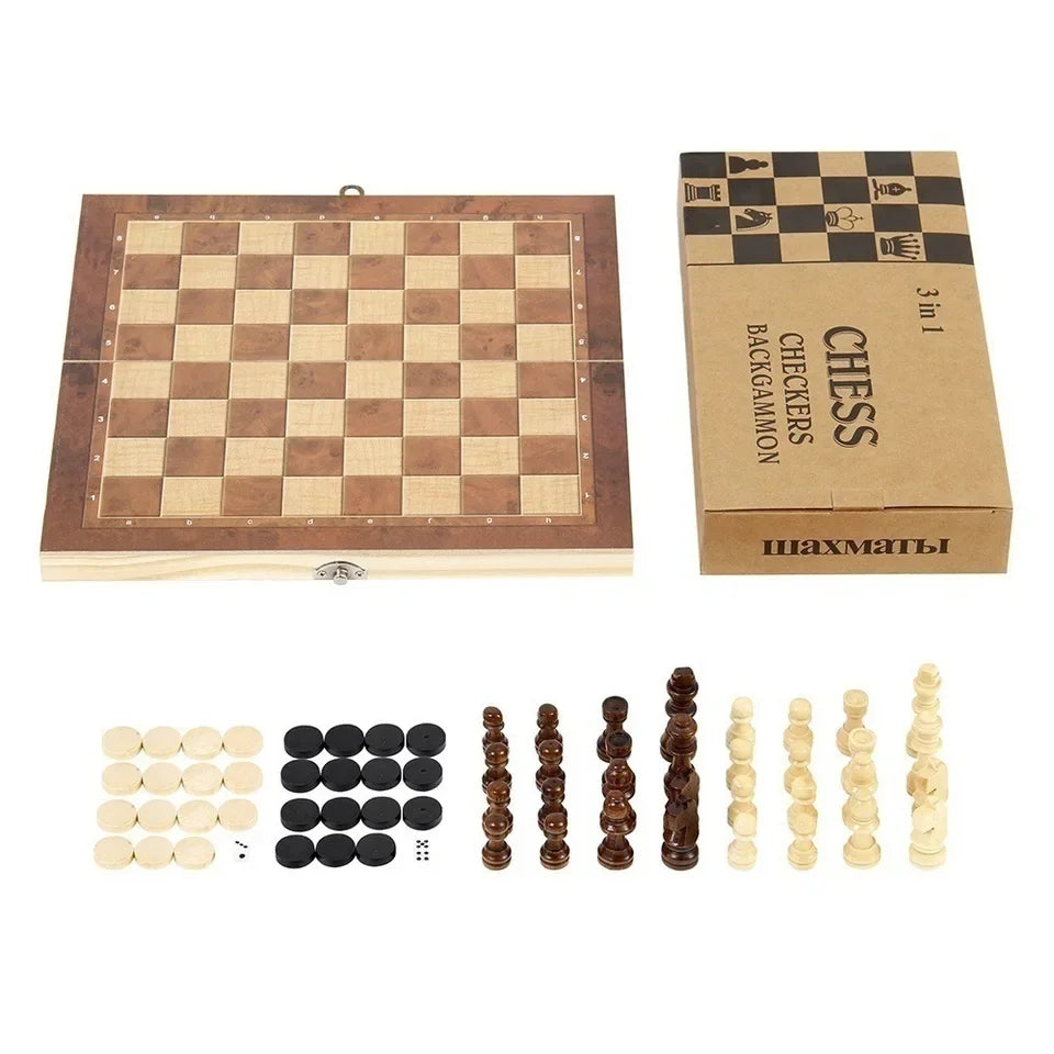 3 in 1 Foldable Wooden International Chess Set Portable Strategy Game Toy for Adults Educational Gift for Brain Training Fun