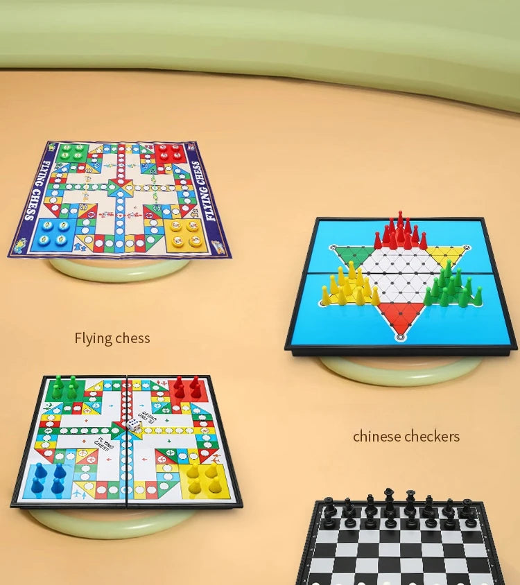 Magnetic 9-in-1 Board Game Table, Large Carpet, Flying Chess/Checkers/Chess/Snake/Backgammon/Quadruple/Tic-Tac-Toe, House Party