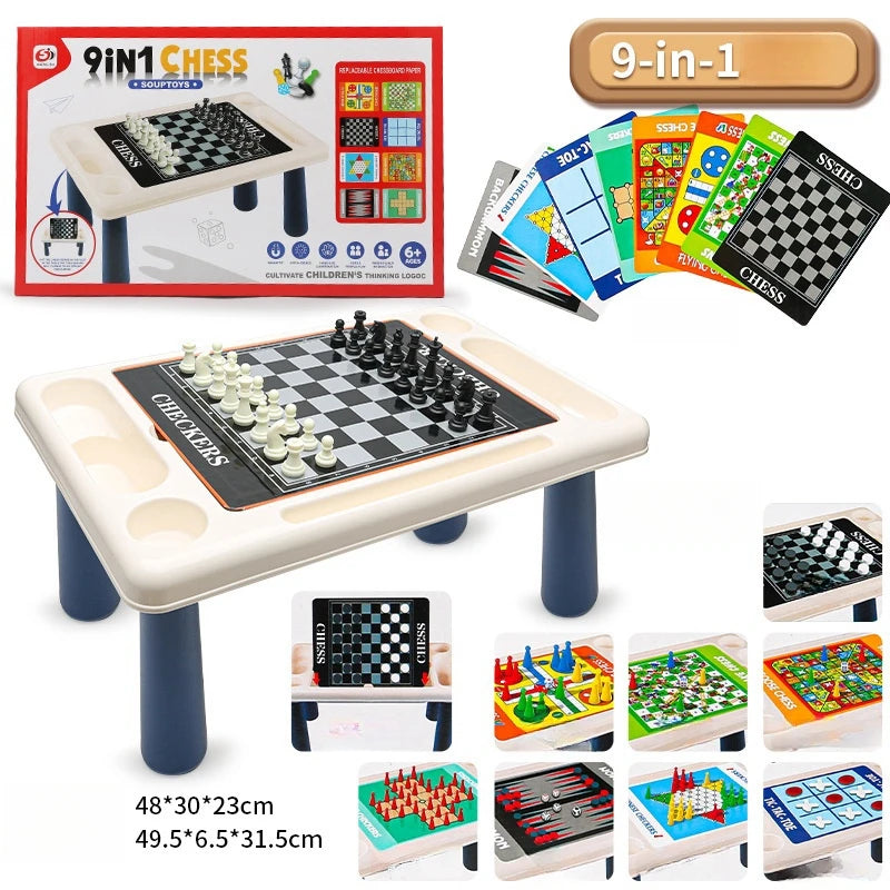 Magnetic 9-in-1 Board Game Table, Large Carpet, Flying Chess/Checkers/Chess/Snake/Backgammon/Quadruple/Tic-Tac-Toe, House Party