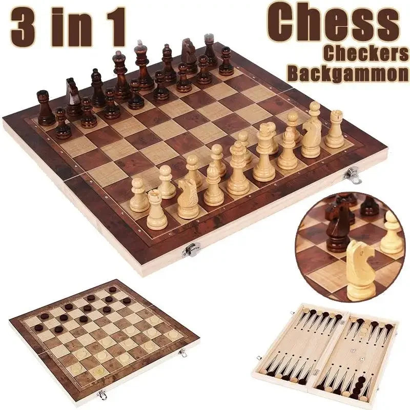 3 in 1 Foldable Wooden International Chess Set Portable Strategy Game Toy for Adults Educational Gift for Brain Training Fun