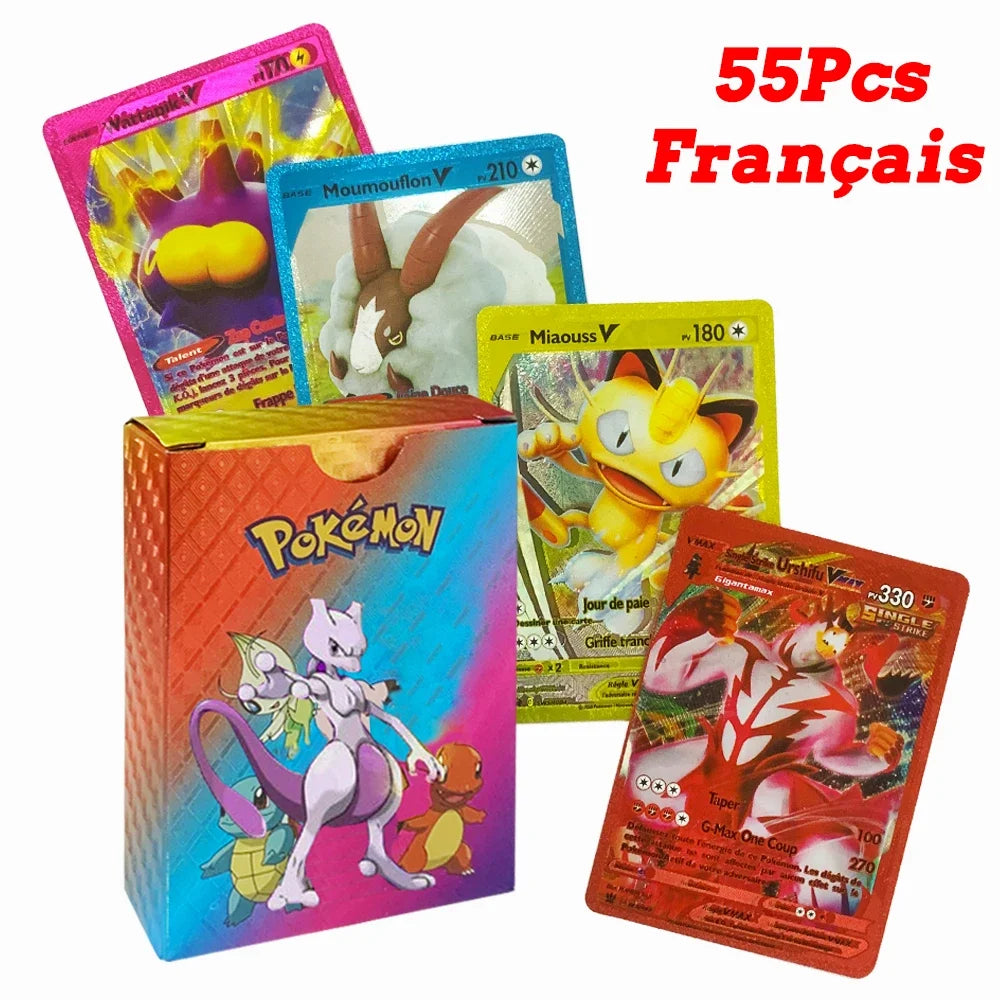 55Pcs Pokemon Colorful Rainbow Gold Silver Black English Cards Anime Pikachu Charizard Battle Game Collection Card Kids Toy Gift