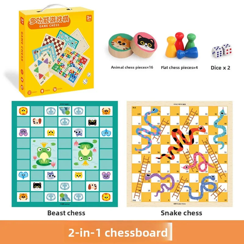 Wooden Multifunctional Board Game Chess, Flying Chess Adult Interactive Board Game Children's Puzzle Toys and Gifts