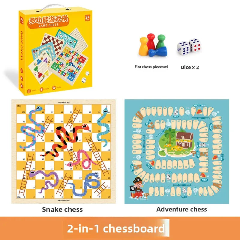 Wooden Multifunctional Board Game Chess, Flying Chess Adult Interactive Board Game Children's Puzzle Toys and Gifts