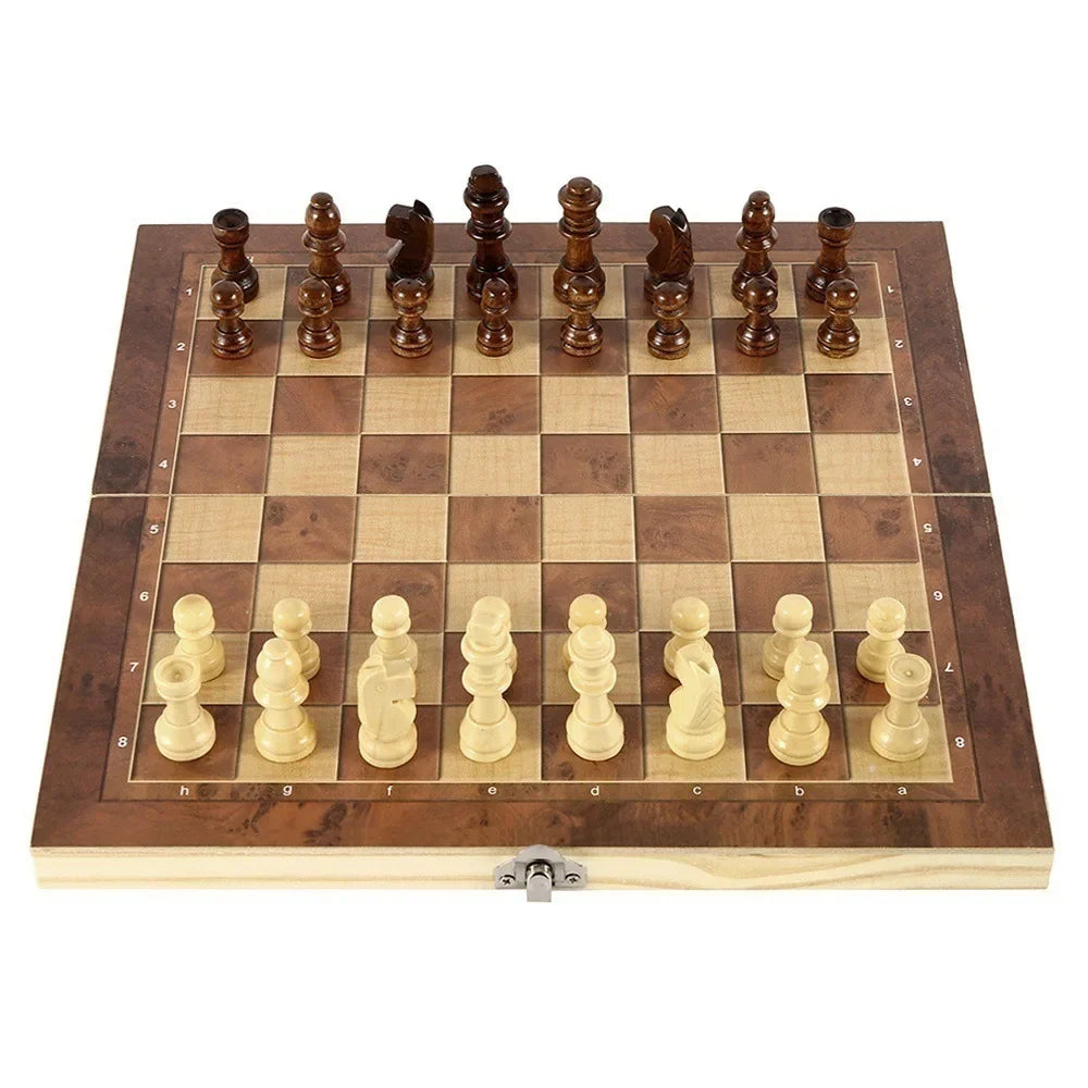 3 in 1 Foldable Wooden International Chess Set Portable Strategy Game Toy for Adults Educational Gift for Brain Training Fun