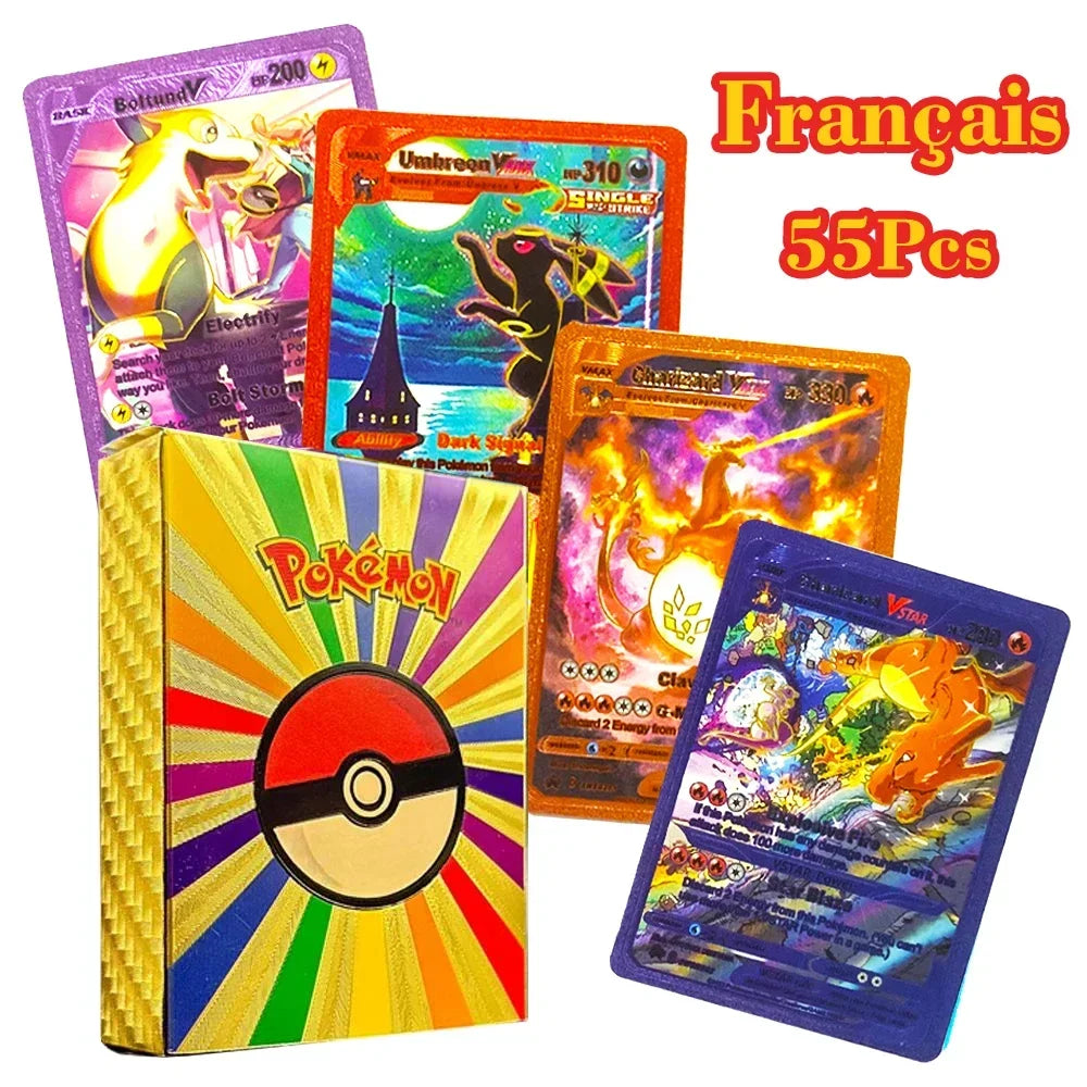 55Pcs Pokemon Colorful Rainbow Gold Silver Black English Cards Anime Pikachu Charizard Battle Game Collection Card Kids Toy Gift
