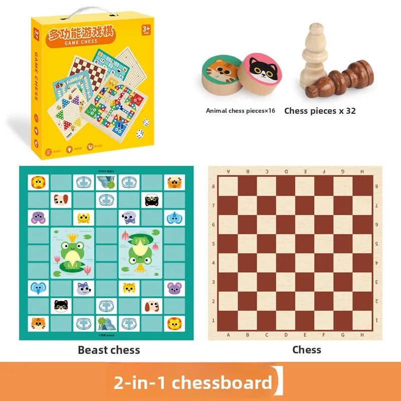 Wooden Multifunctional Board Game Chess, Flying Chess Adult Interactive Board Game Children's Puzzle Toys and Gifts