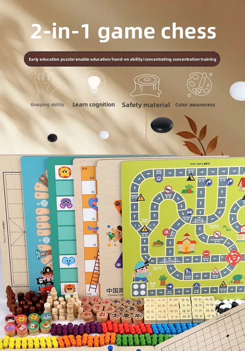 Wooden Multifunctional Board Game Chess, Flying Chess Adult Interactive Board Game Children's Puzzle Toys and Gifts