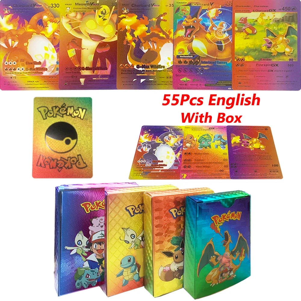 55Pcs Pokemon Colorful Rainbow Gold Silver Black English Cards Anime Pikachu Charizard Battle Game Collection Card Kids Toy Gift
