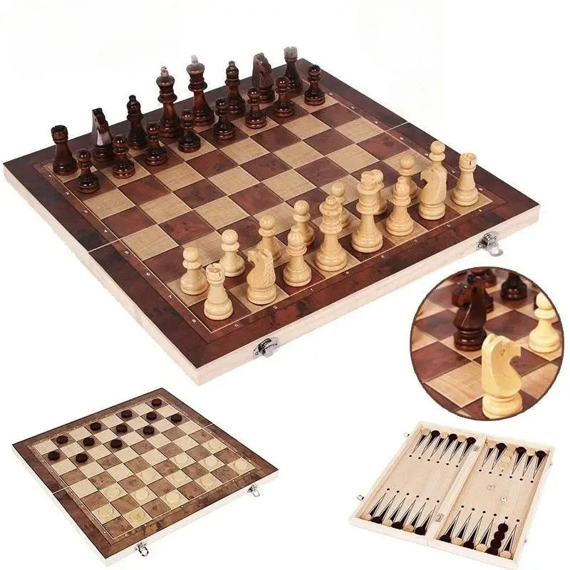 1pc Chess Othello / Western Chess 3 in 1 Wooden Foldable Desktop Games Multifunctional Leisure Puzzle Chess Games