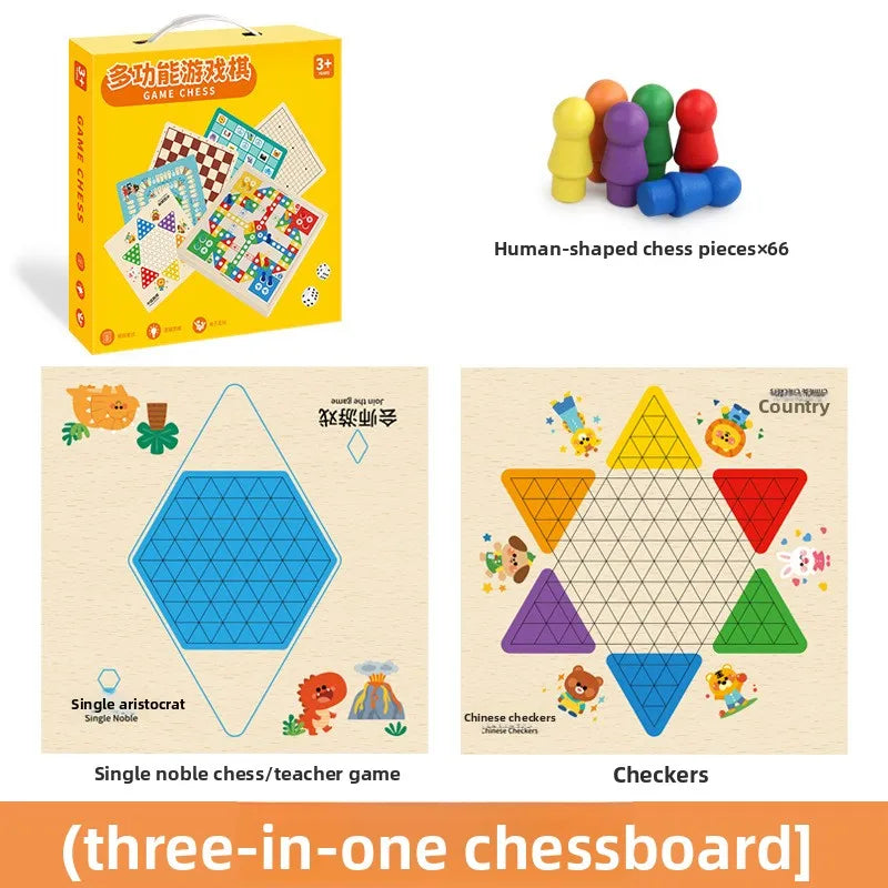 Wooden Multifunctional Board Game Chess, Flying Chess Adult Interactive Board Game Children's Puzzle Toys and Gifts