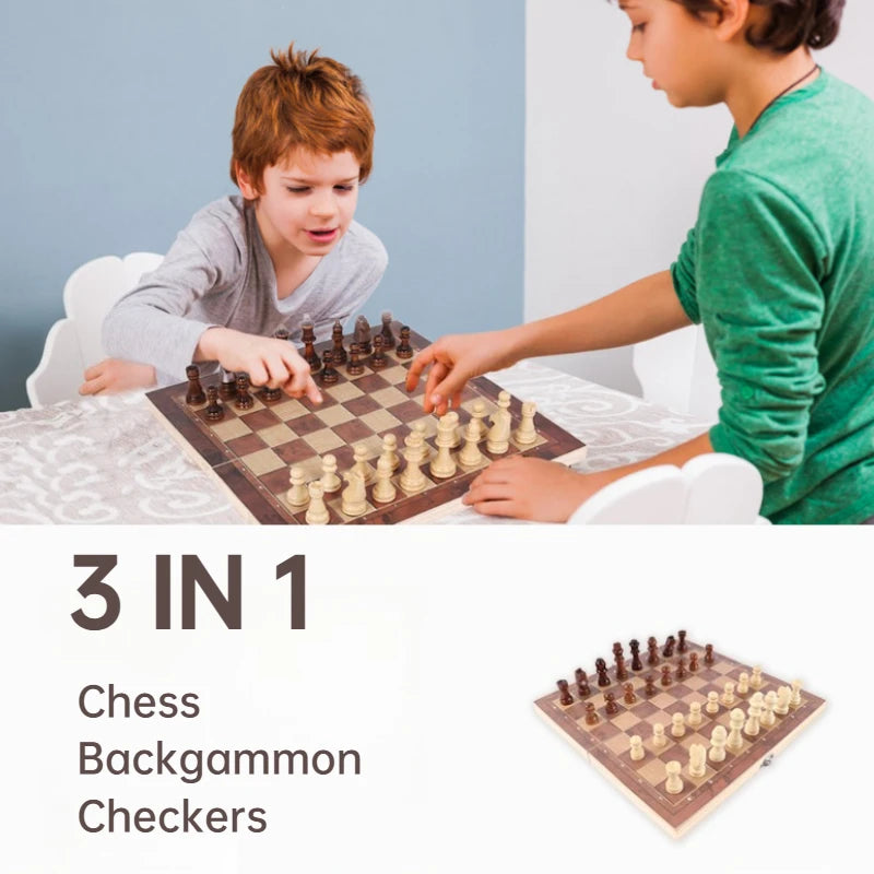 1pc Chess Othello / Western Chess 3 in 1 Wooden Foldable Desktop Games Multifunctional Leisure Puzzle Chess Games