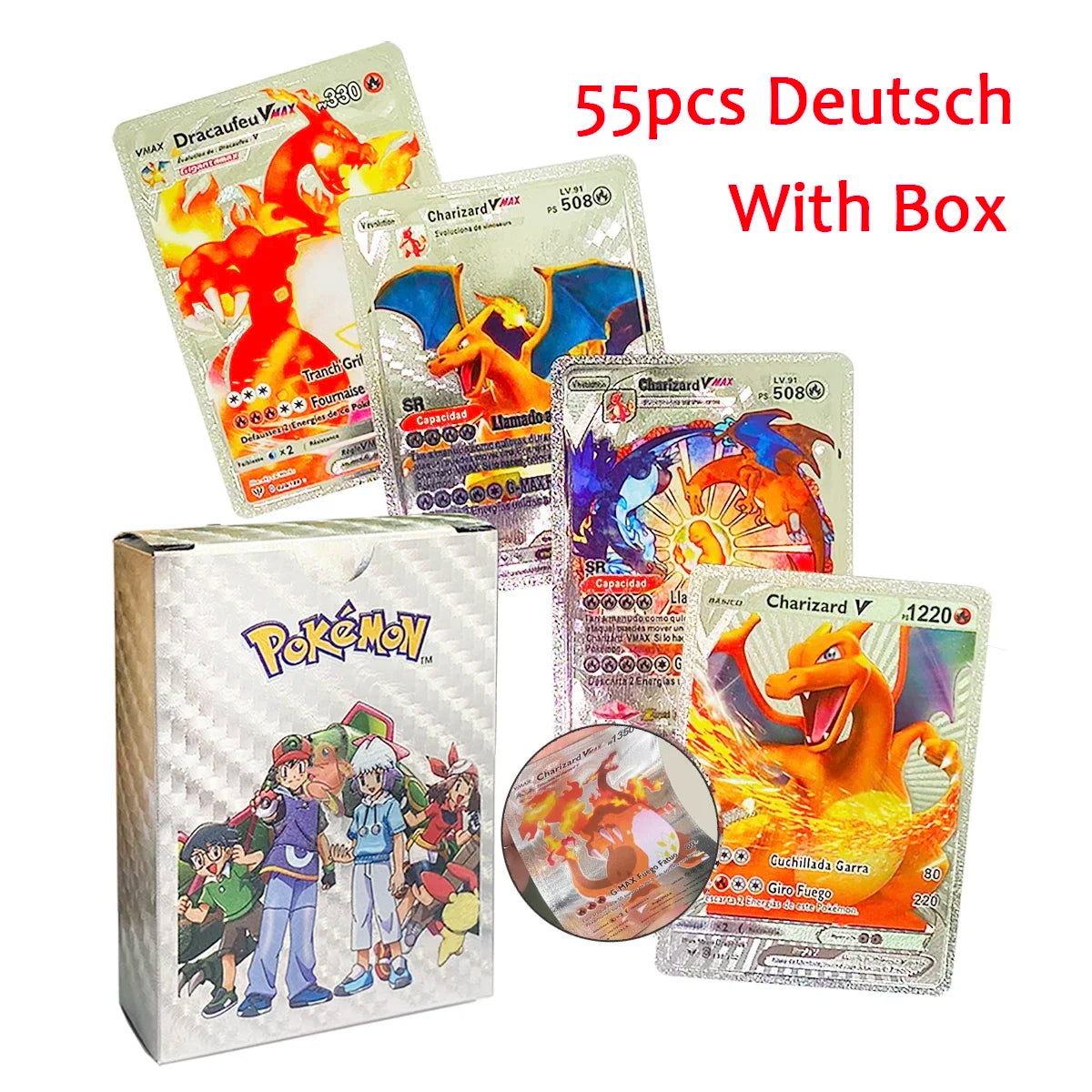55Pcs Pokemon Colorful Rainbow Gold Silver Black English Cards Anime Pikachu Charizard Battle Game Collection Card Kids Toy Gift