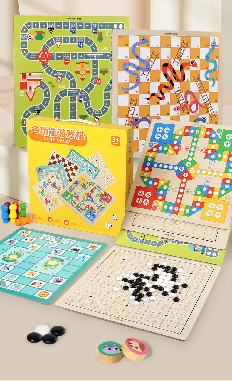 Wooden Multifunctional Board Game Chess, Flying Chess Adult Interactive Board Game Children's Puzzle Toys and Gifts