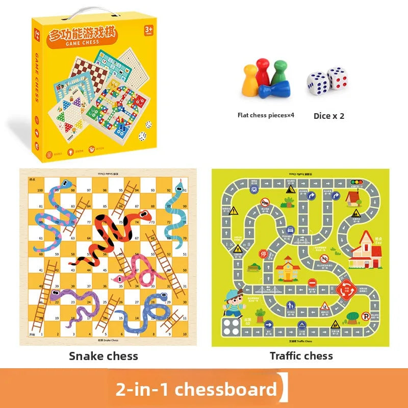 Wooden Multifunctional Board Game Chess, Flying Chess Adult Interactive Board Game Children's Puzzle Toys and Gifts