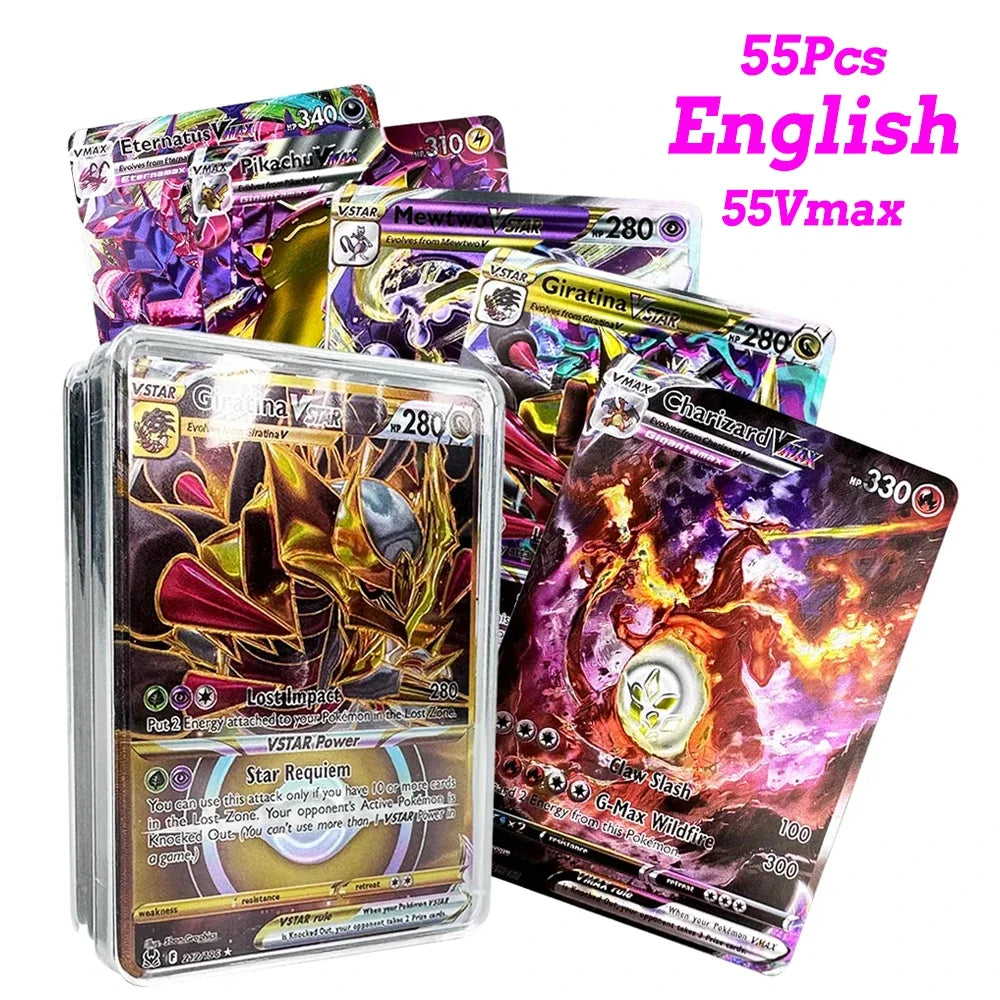 55Pcs Pokemon Colorful Rainbow Gold Silver Black English Cards Anime Pikachu Charizard Battle Game Collection Card Kids Toy Gift