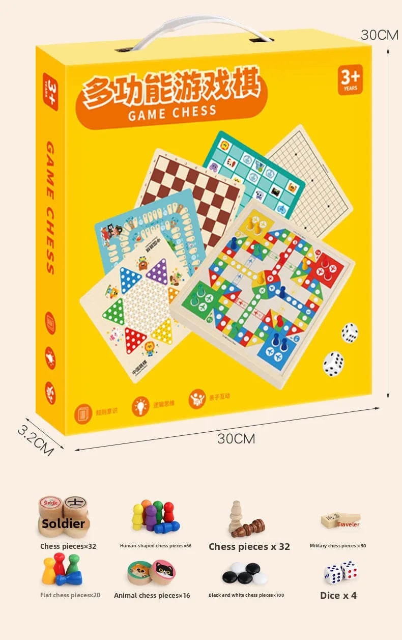 Wooden Multifunctional Board Game Chess, Flying Chess Adult Interactive Board Game Children's Puzzle Toys and Gifts