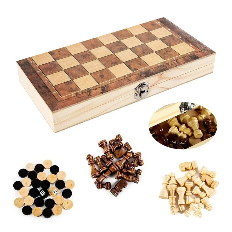3 in 1 Foldable Wooden International Chess Set Portable Strategy Game Toy for Adults Educational Gift for Brain Training Fun